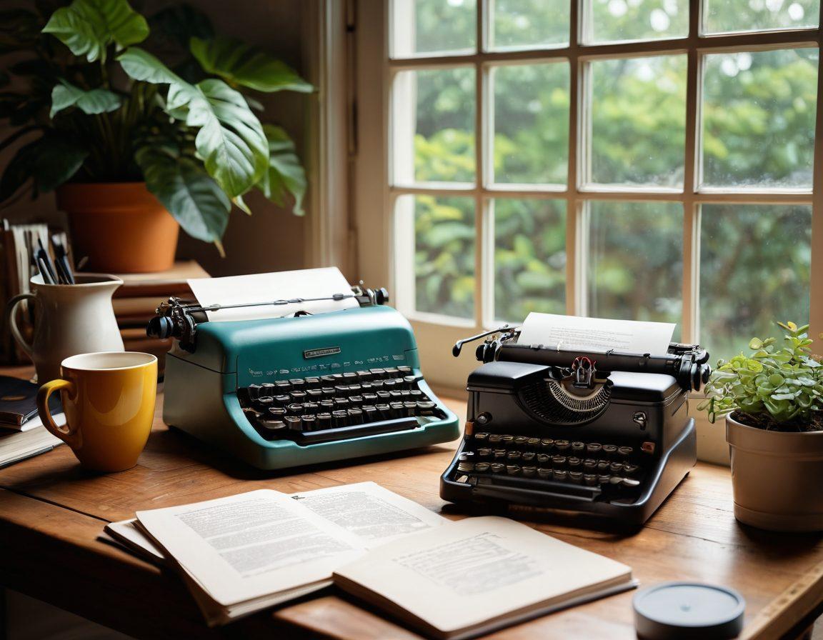 A cozy, inviting workspace with a vintage typewriter and a steaming cup of coffee on a wooden desk. A window reveals a sunny garden scene, symbolizing inspiration, while notebooks filled with colorful sketches and ideas are scattered around. A pair of glasses rests nearby, enhancing the theme of creativity and casual expression. soft lighting, warm colors, with a touch of whimsical elements like floating words. vibrant colors. cozy atmosphere. 3D.