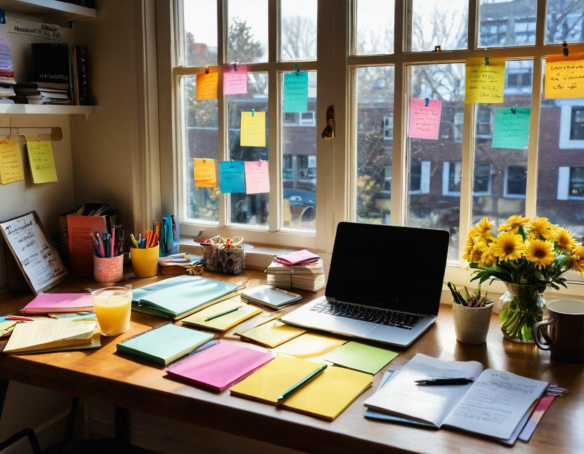 A cozy workspace filled with blogging essentials like a laptop, notebooks, and colorful pens, surrounded by inspirational quotes on sticky notes. A supportive community vibe with diverse people engaging in discussion nearby, emphasizing teamwork and creativity. Sunlight streaming through a window, casting a warm glow over the scene and enhancing the open, inviting atmosphere. super-realistic. vibrant colors.