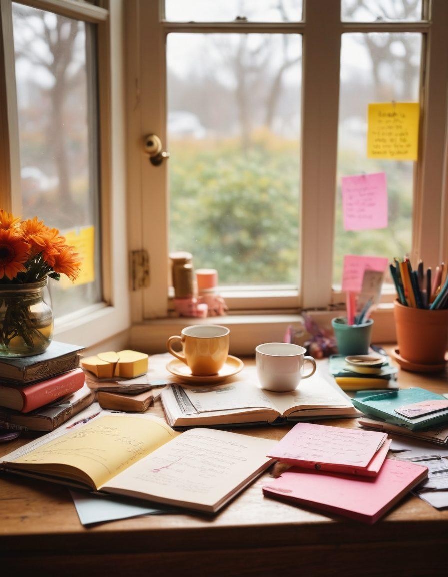 A whimsical workspace with a beautifully crafted journal open, surrounded by colorful art supplies, inspirational quotes on sticky notes, a steaming cup of tea, and soft natural lighting filtering through a window, evoking a sense of creative expression and calm. vibrant colors. soft focus. cozy atmosphere.